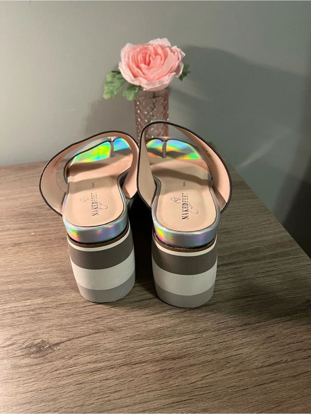 Naked Feet Iridescent Holographic Platform Slide Sandals - Silver